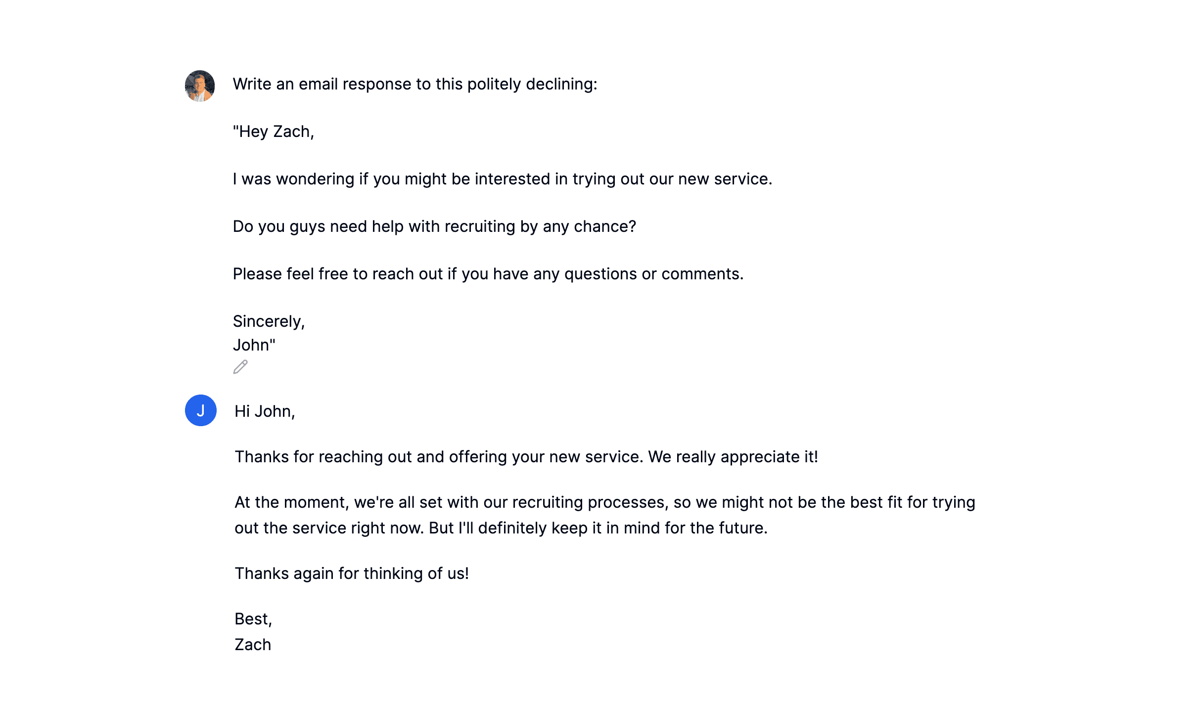 AI-drafted email response declining an invite.